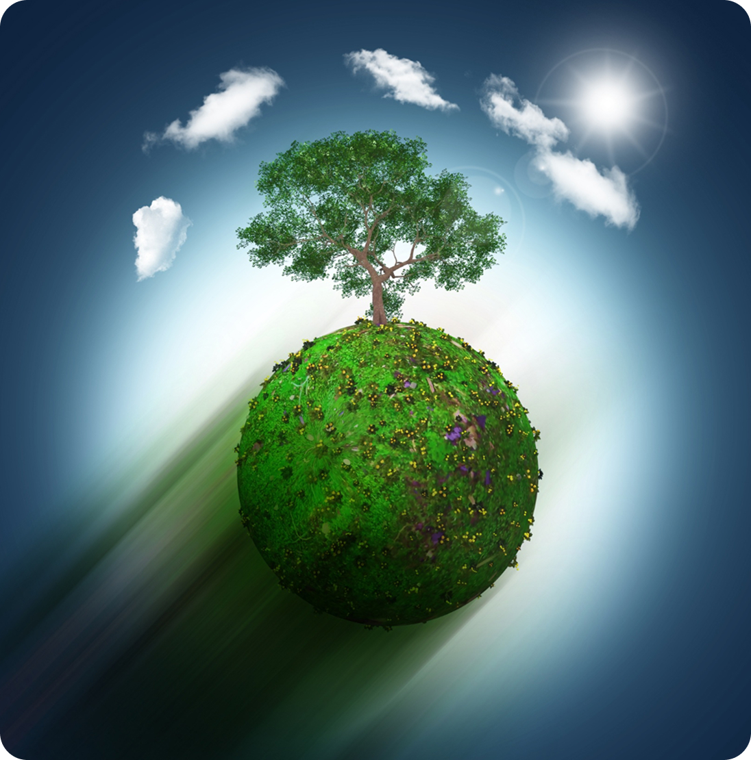 A small green planet with a tree growing on top